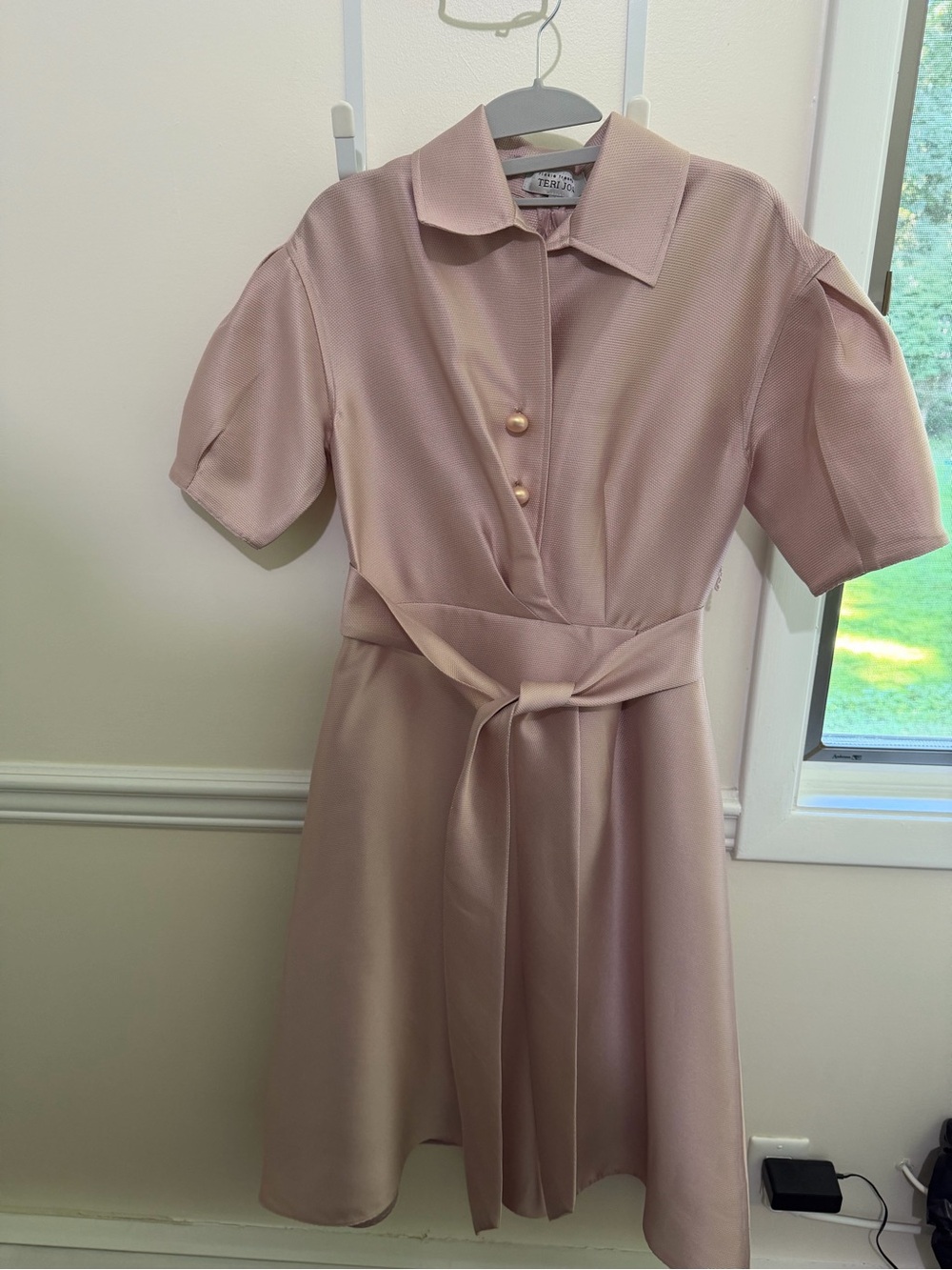 Rickie Freeman for Teri Jon Dusty Blush Pink Short-Sleeve Belted Midi Dress